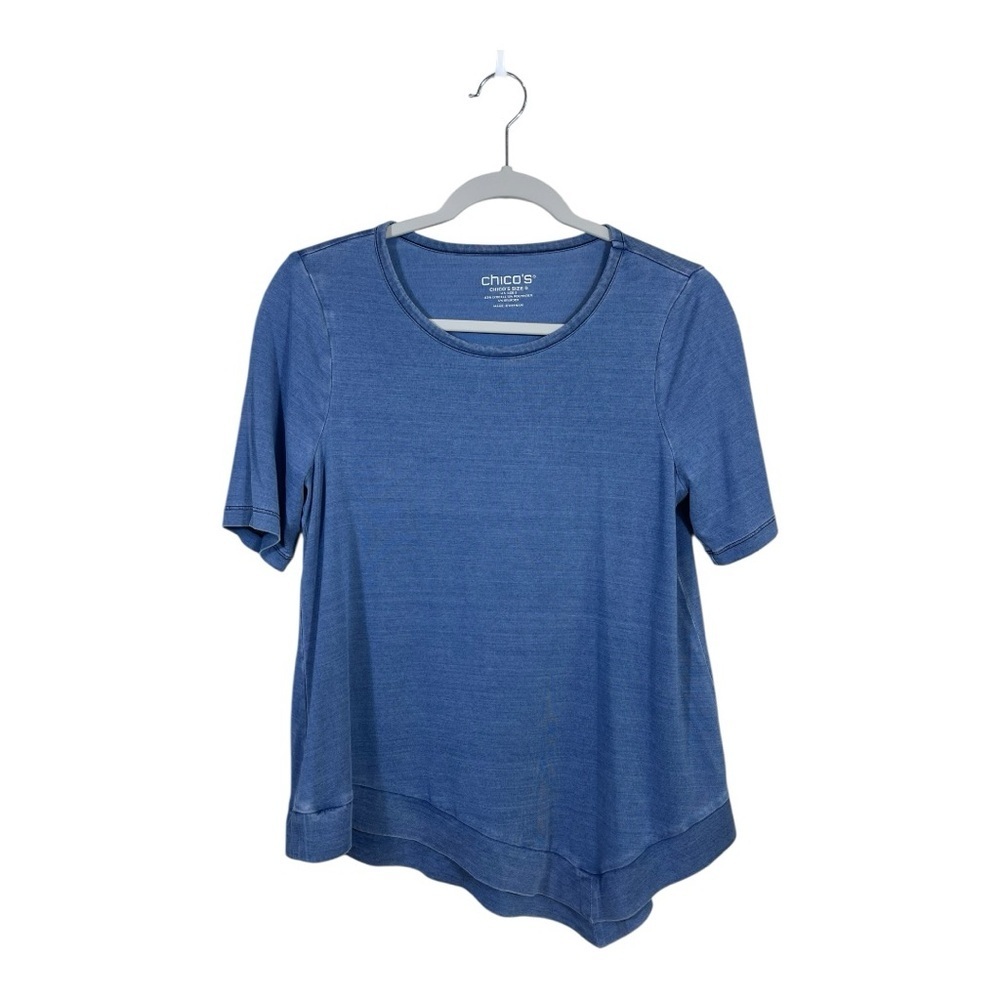 Chico’s Blue Stretch Knit Top Short Sleeve Scoop Neck Sharkbite Hem Sz 0 Small